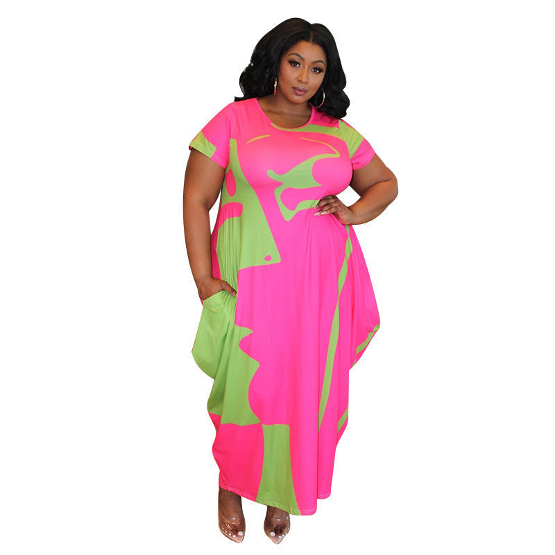Women's Plus-Size Printed Crew-Neck Long Creative Dress