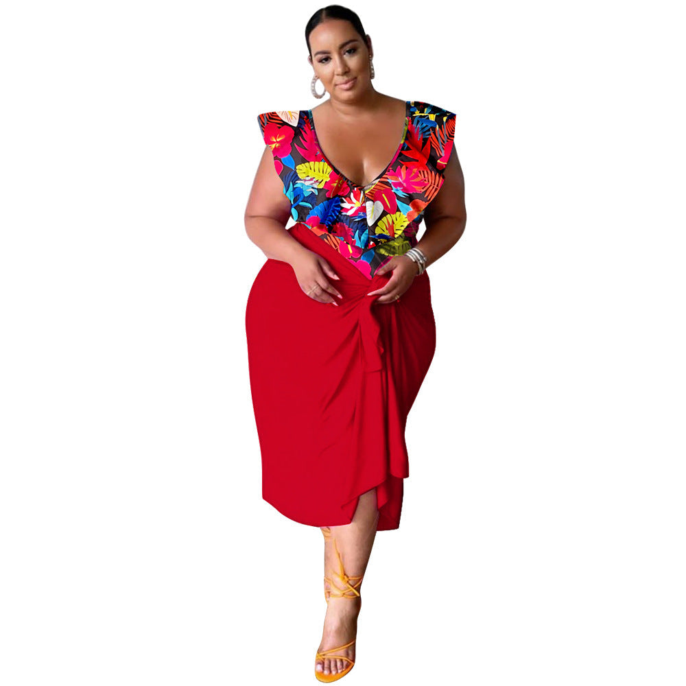 New Stylish Casual V-neck Printed Jumpsuit Printed Skirt Plus-size Two-piece Set