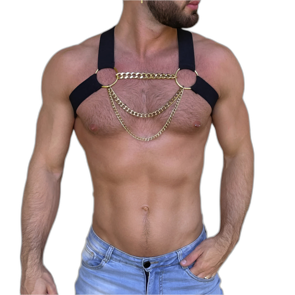 Elastic Chest Harness with Gold Chains