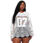 Fashionable Solid-Color Loose-Fit Versatile Lace Sheer V-Neck Top