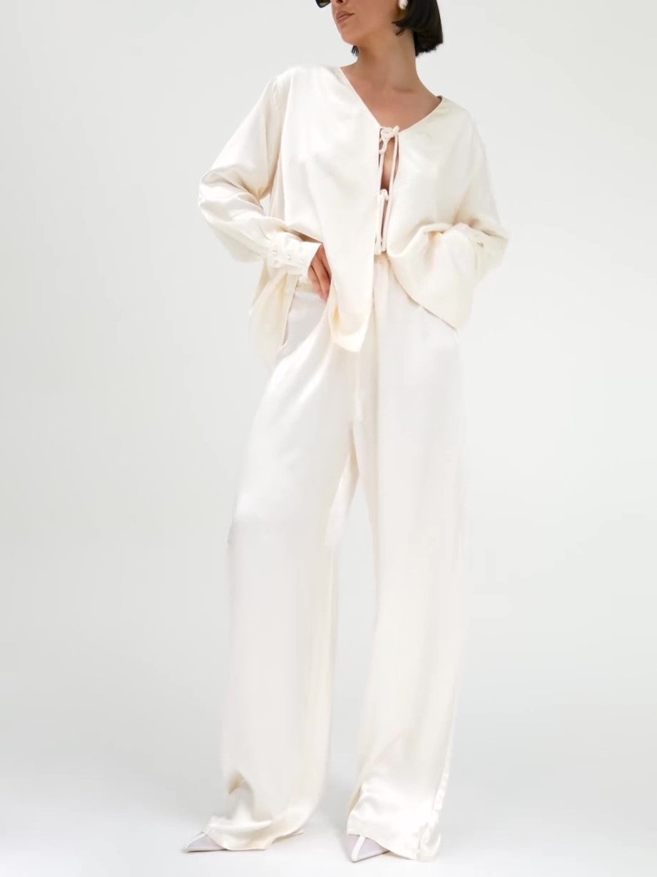 Cream Satin Tie-Front Top And Wide-Leg Pants Set