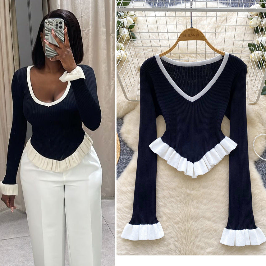 Contrast-color Ruffled Striped Knit Sweater