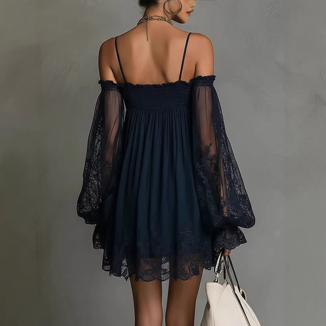 Long-sleeve Slip Dress In Solid Color With A Stretchy Boat Neck And Lace Detailing