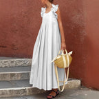 Women's Casual Long Ruffle-Trimmed Solid-Color Dress