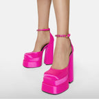 Super High Heel Platform Thick Heel Hollow Square Toe Satin Hate Sky High Baotou Plus Size Catwalk Sandals High Heels