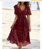 Flowers Printed V-neck Dress Summer A-line Short-sleeved Dresses For Women