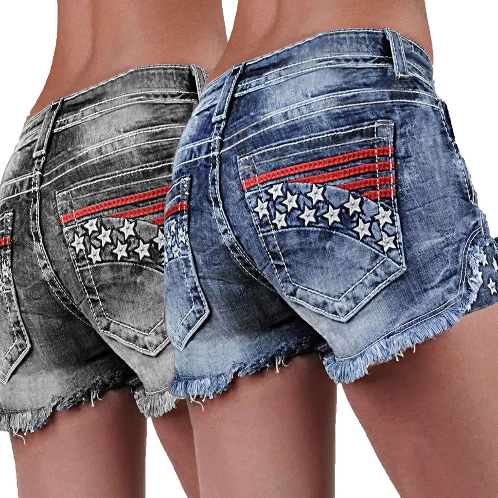 Stretchy Patchwork Embroidered Ripped Denim Shorts