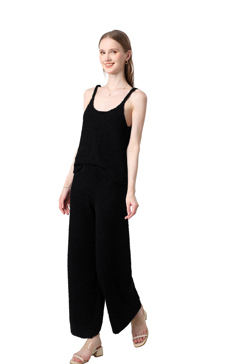 Women's Plush Two-piece Jumpsuit, Short-sleeved Bandeau Top, Wide-leg Pants, Eye-catching Outfit