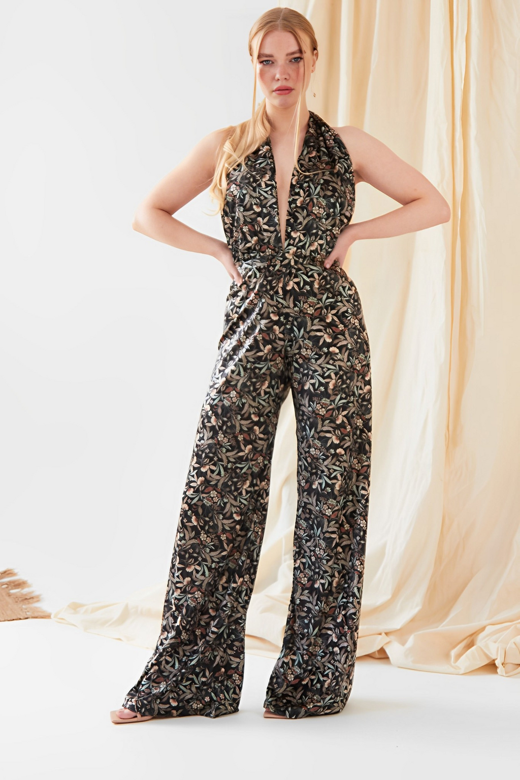 Floral Velvet Backless Jumpsuit