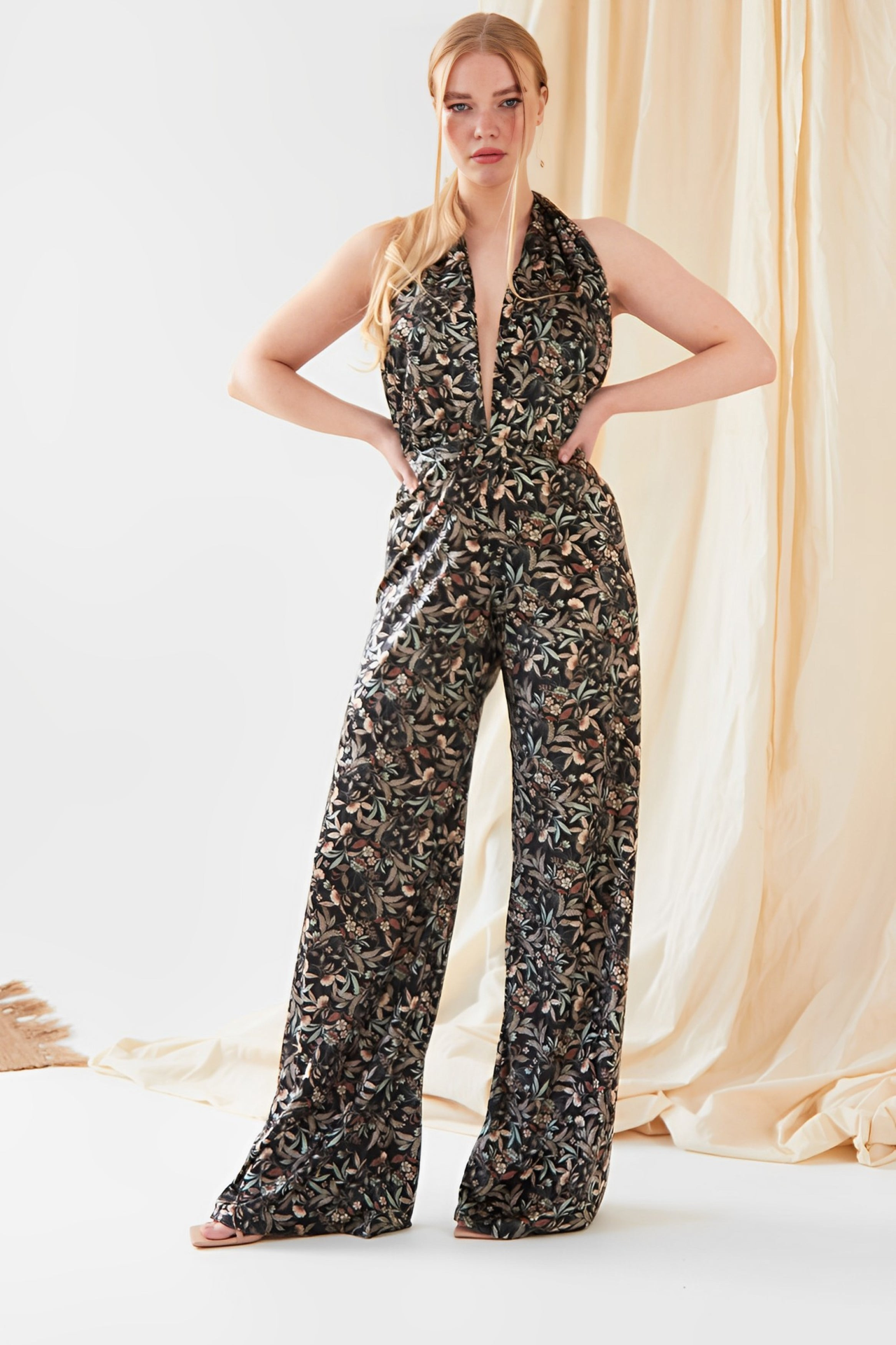 Floral Velvet Backless Jumpsuit