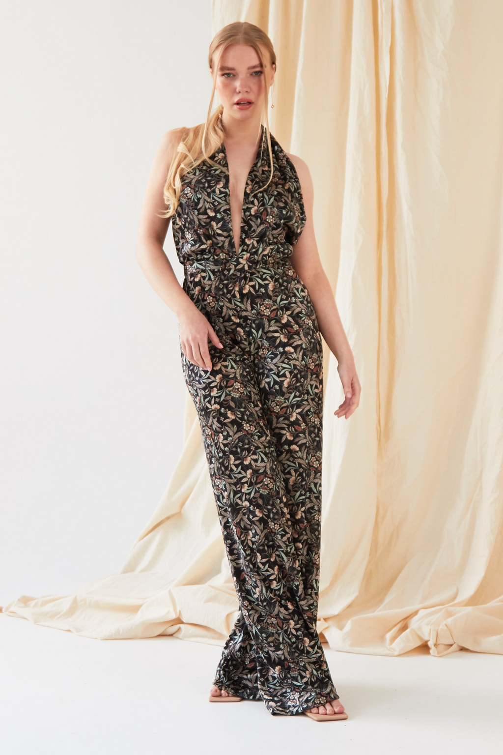 Floral Velvet Backless Jumpsuit