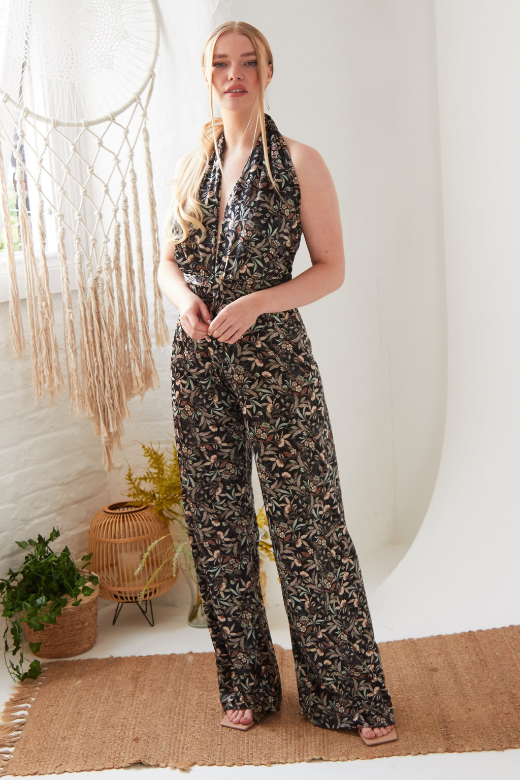 Floral Velvet Backless Jumpsuit