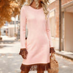 Women's Creative Retro Printed Comfortable Soft Crew-Neck Slim-Fit Fringed Dress