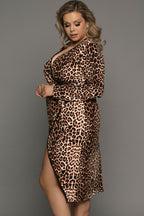 Brown Leopard Wrap V Neck Plus size Dress with A Slit