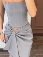Strapless Top & Pleated Long Skirt Suit