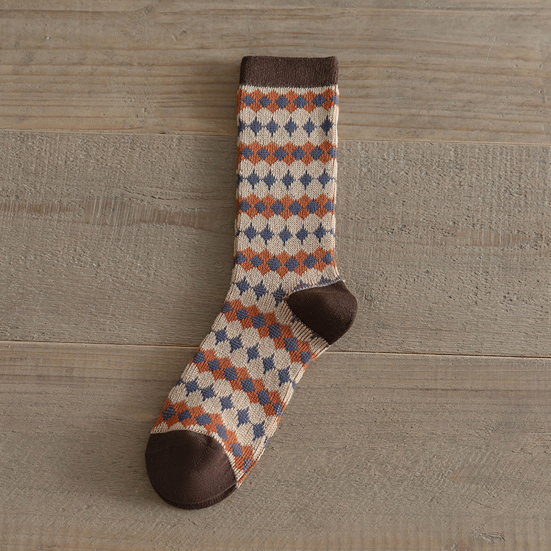 Double-Needle Dual-Channel Sweat-Absorbing Breathable Wireless Top Preppy-Style Mid-Calf Women's Socks