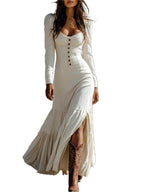 Retro Western Style Button Pleated Long Sleeve Sexy Dress