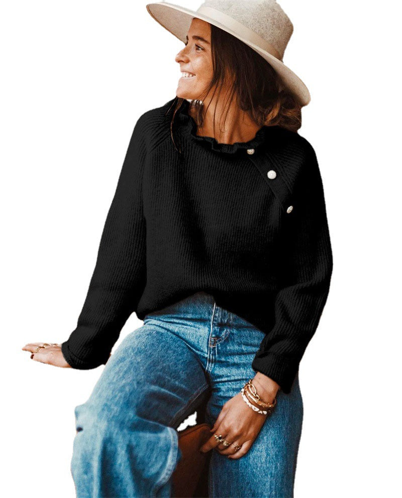 Fashionable Loose-Fit Solid-Color Knitted Sweater With Buttons And Ruffle Neck Long-Sleeve Top