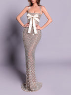 Crystal-Embellished Maxi Dress With White Bow Detail