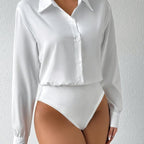 New Button Front Long Sleeve Jumpsuit Elegant Solid Color
