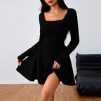 Elegant Square-neck Dress With A High-waisted Designer-style Wine-red Hue