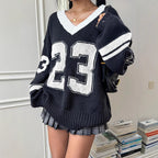 Contrast Color Digital Jacquard Loose-fitting V-neck Long Sleeves Sweater