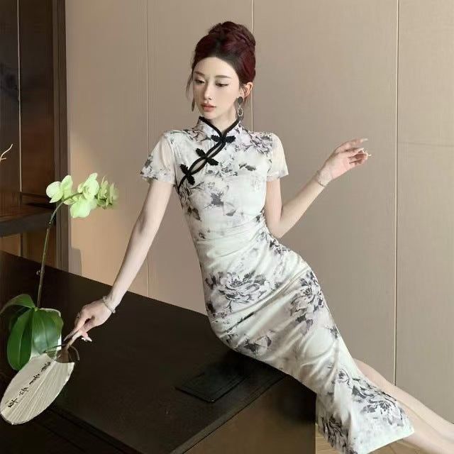 Women's Retro Republic Of China-Style Floral Print Slit Pleated Dress
