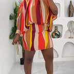Women's Plus Size Fashion Casual Striped Short Dress with Tie Neck Detail