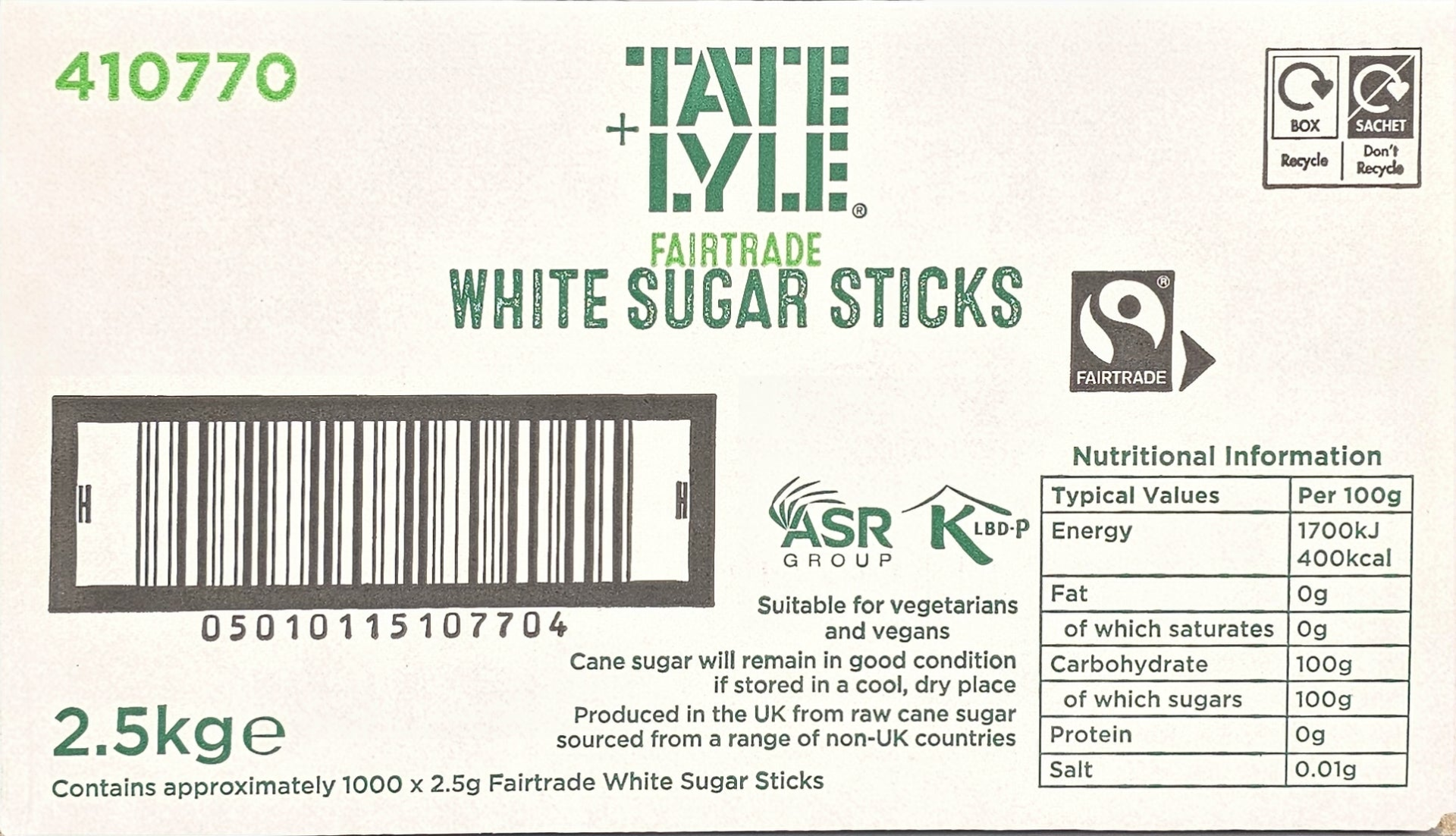 Tate & Lyle Fairtrade Brown Demerara Sugar Sticks – 1000 Sachets (2.5g Each) – 2.5kg Box