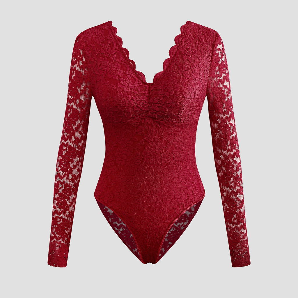 Sexy Solid-Color Lace Long-Sleeve Sheer Bodycon Jumpsuit