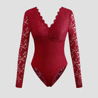 Sexy Solid-Color Lace Long-Sleeve Sheer Bodycon Jumpsuit