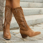 Autumn And Winter New Large Retro Embroidered V-neck Thick Heel Middle Tube Martin Boots