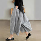 High-waisted Cotton-linen Plaid Wide-leg Pantskirt Loose-fitting Casual Trousers Elegant Style