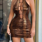 Chic Halter Mini Skirt with Deep V-Neck and Eyelet Detailing - Bodycon, Hollow-Out Design Dress for Women