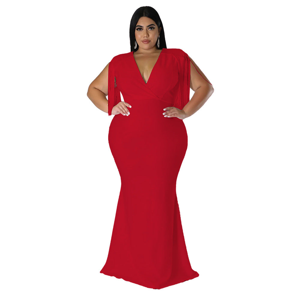 Women's Plus-Size Tassel V-Neck Long-Sleeve Slim-Fit Dress