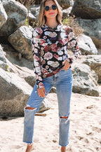 Mesh Floral Print Mock Neck Long Sleeve Slim Top