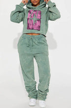 Casual Printed Hooded Short Sweatshirt Set