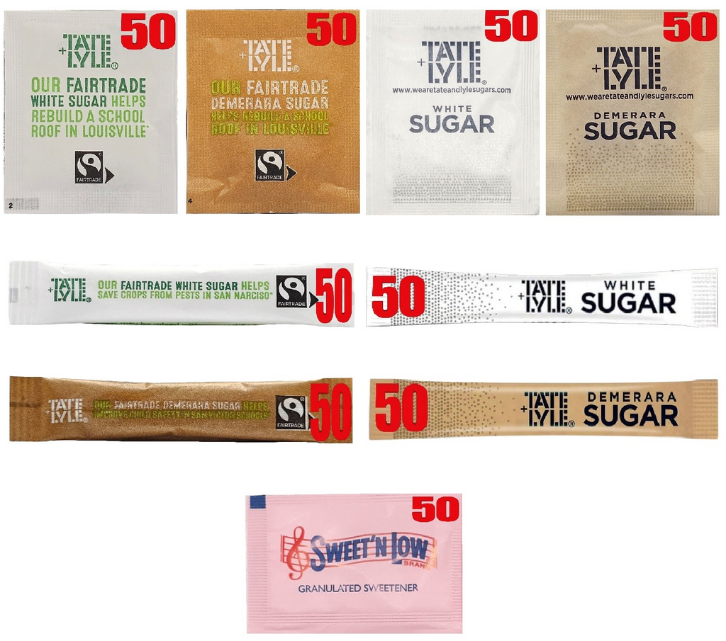 Hotel & Catering Sugar Set – 450 Sachets & Sticks | Tate & Lyle Fairtrade White, Brown Demerara + Sweetener | Individually Wrapped for Tea, Coffee, Office & Events