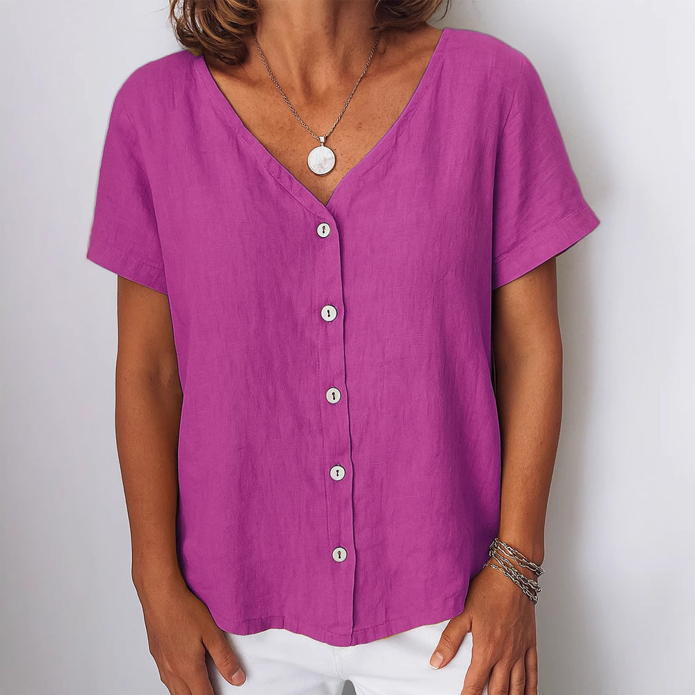 Casual Short-Sleeve V-Neck Cardigan Multi-Color Womens Shirt