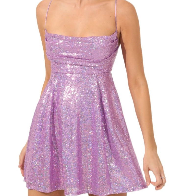 Sexy Strappy Sequin Bow Contrast-color Dress For Women