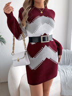 Women Casual Color Block Lantern Sleeve Sweater Dress
