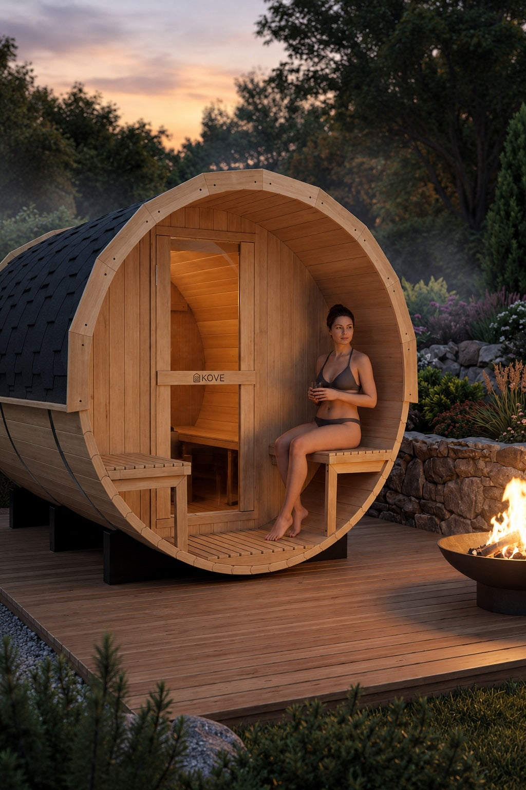 KOVE Outdoor Barrel Sauna – 5–6 Person Garden Sauna with 6kW Harvia Electric Heater
