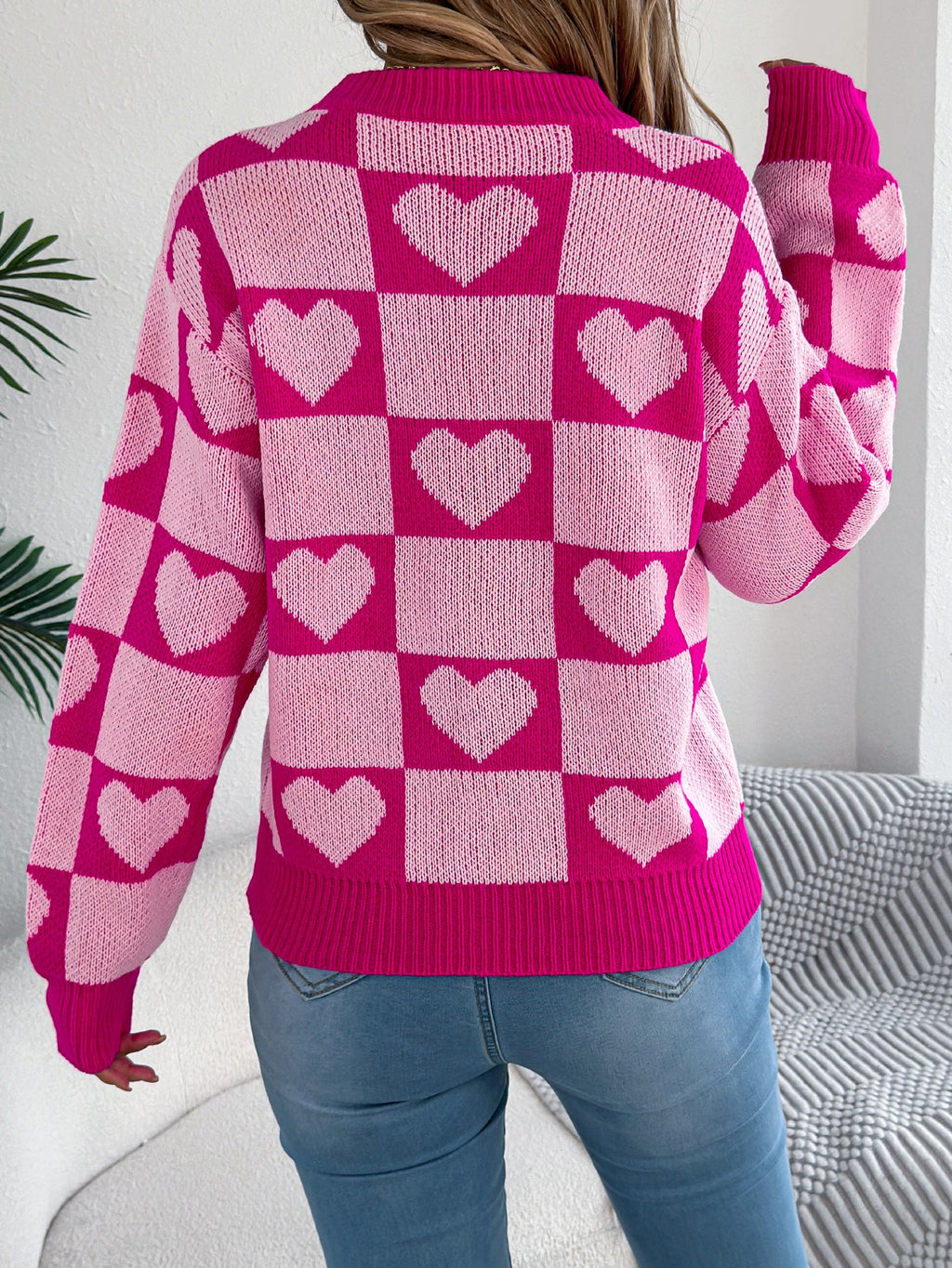 Women's Color-Blocked Plaid Heart Lantern Sleeve Pullover Sweater For Valentine's Day