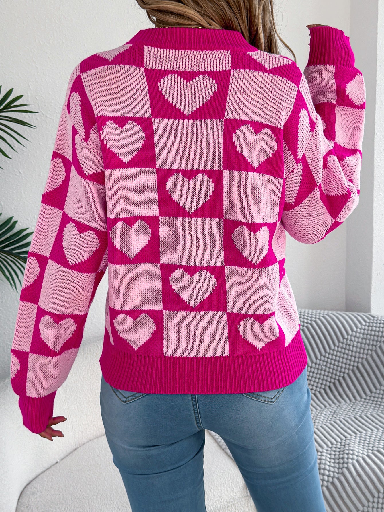 Women's Color-Blocked Plaid Heart Lantern Sleeve Pullover Sweater For Valentine's Day