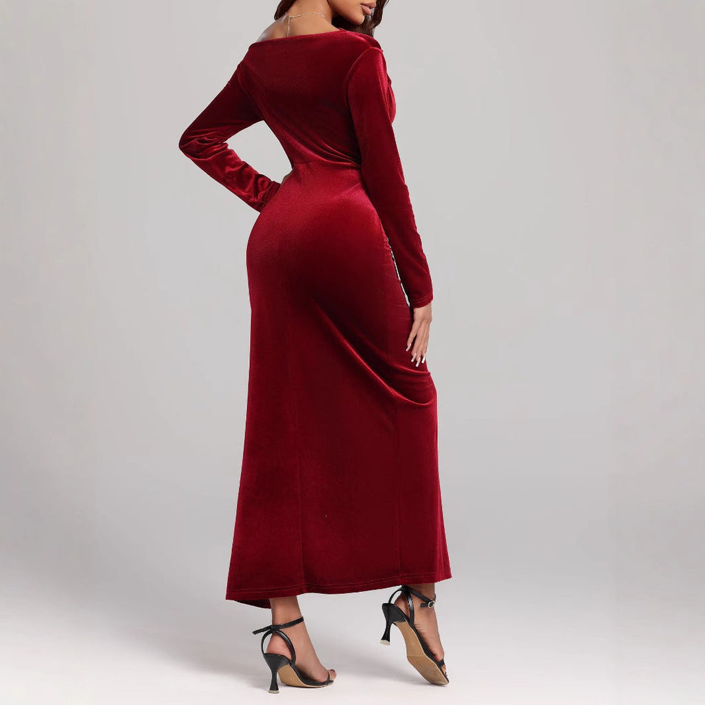Women's Clothing Slit Formal Dress Pleuche Dress