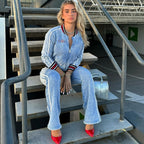 Striped Color-block Long-sleeve Top And Flared-leg Casual Pants Set