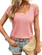 European And American-style Short-sleeve Knitted Top With Openwork
