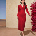 French-style Elegant Dress For Autumn And Winter VneckFigurehugging Slimming Red Midi Skirt