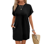 Women's Solid-color Loose-fitting Round-neck Dress With Pockets