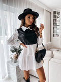 Shirt Collar Pu Leather Matching Long-Sleeve Dress